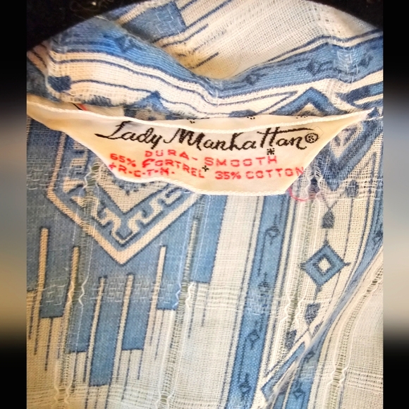 Vintage 70s Navajo Aztec print western blue white button up cowgirl rideo shirt - Picture 4 of 11